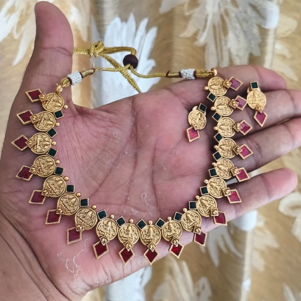 Joyful Jewel Art Traditional Matte Pota Stone And Pearl Temple Necklace Set