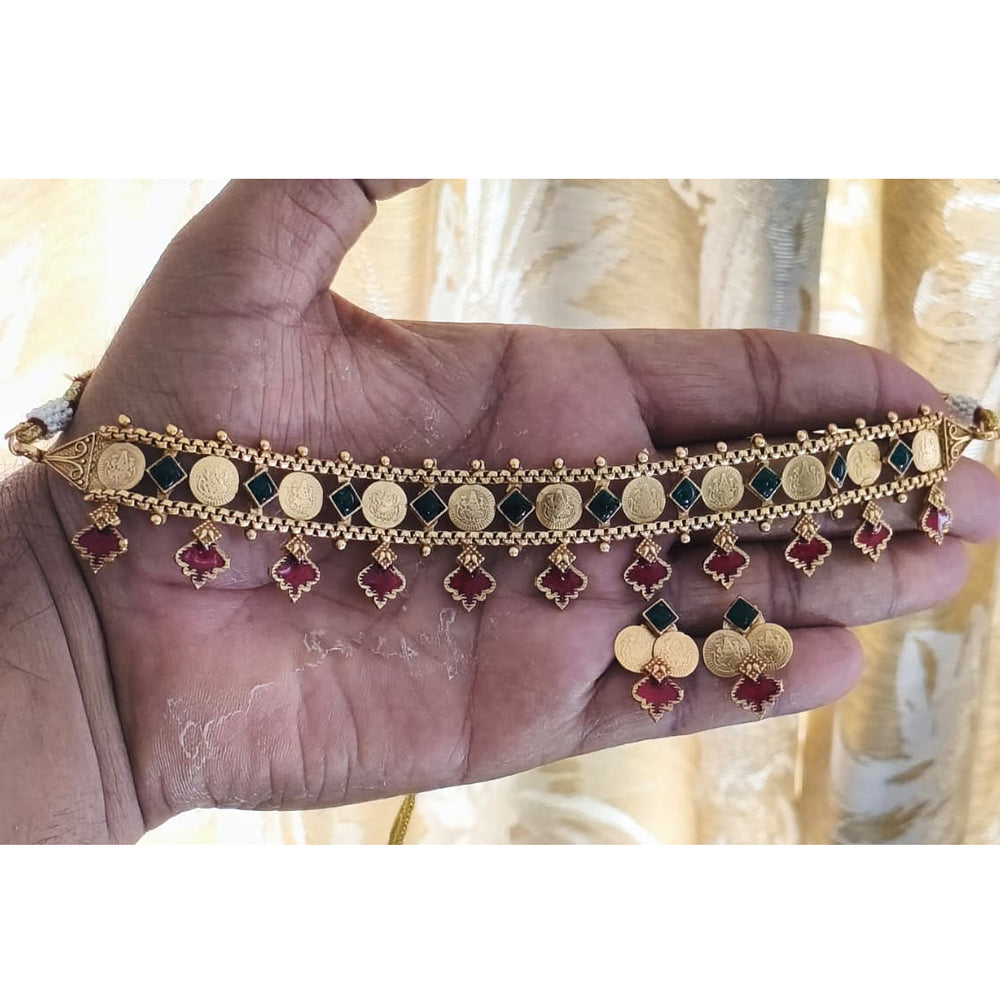 Joyful Jewel Art Traditional Matte Pota Stone And Pearl Temple Necklace Set