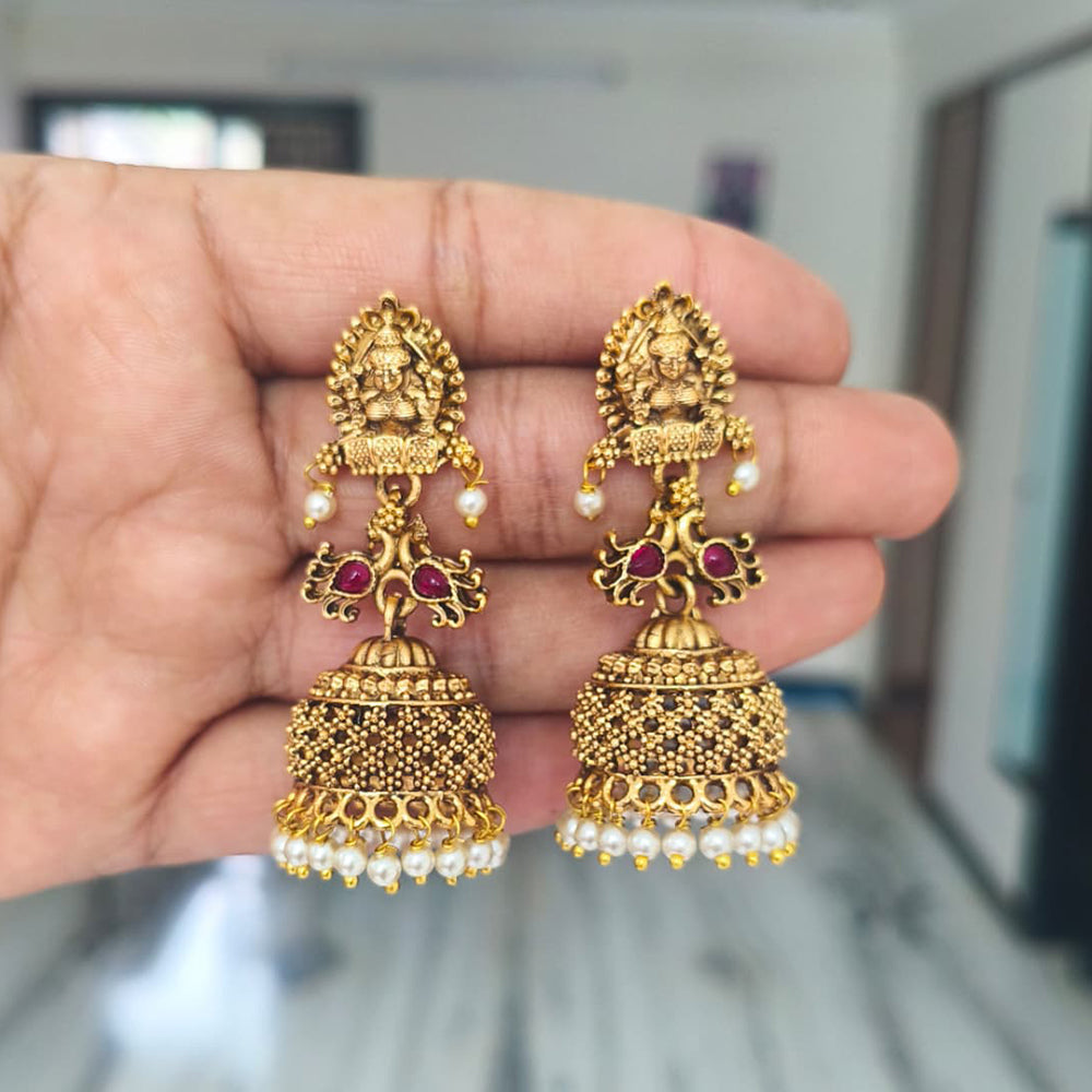 Joyful Jewel Art Matte Gold Plated Pota Stone And Pearls Temple Jhumki Earrings