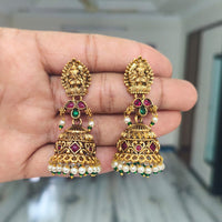 Joyful Jewel Art Matte Gold Plated Pota Stone And Pearls Temple Jhumki Earrings