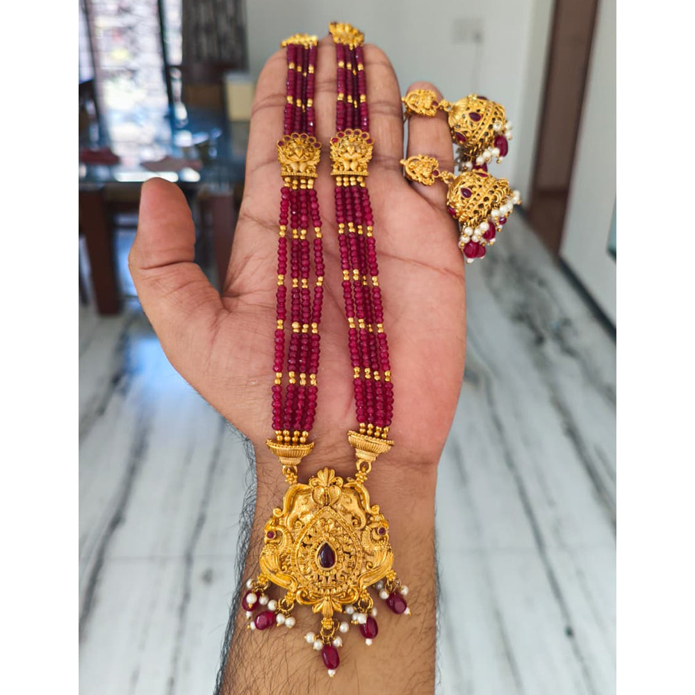 Joyful Jewel Art Timeless Matte Gold Pota Stone And Pearl Temple Long Necklace set