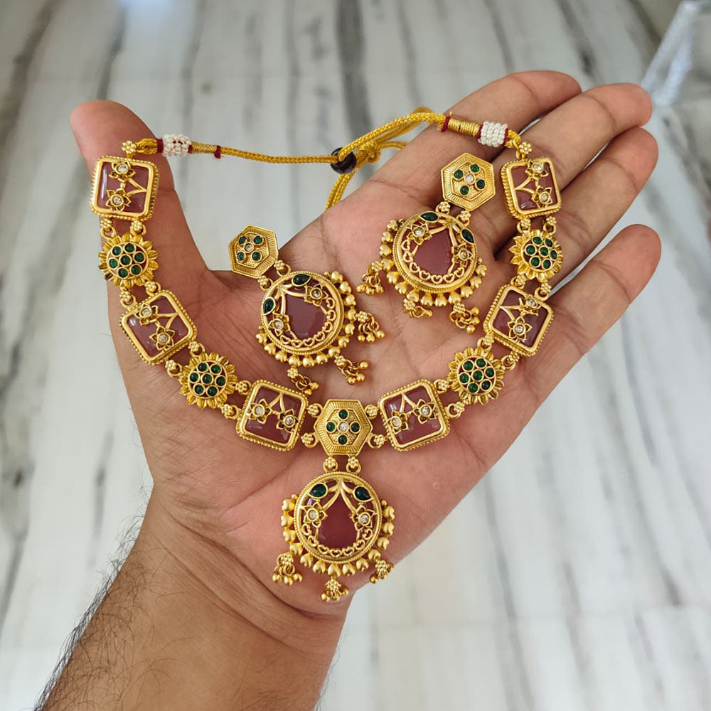 Joyful Jewel Art Traditional Matte Pota Stone And Pearl Necklace Set