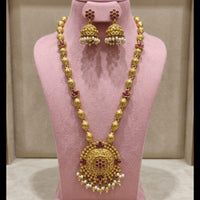 Joyful Jewel Art Traditional Matte Pota Stone And Pearl Temple Long Necklace Set