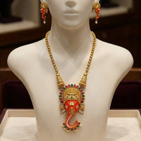 Joyful Jewel Art Traditional Matte Pota Stone And Pearl Temple Long Necklace Set