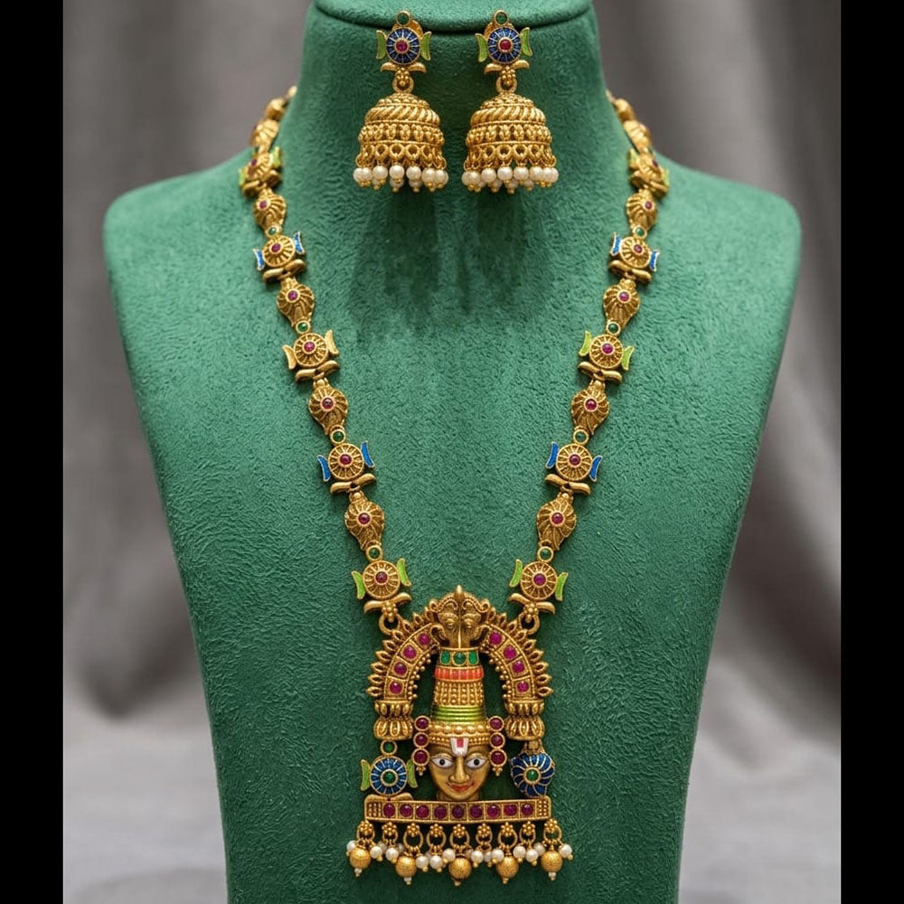 Joyful Jewel Art Traditional Matte Pota Stone And Pearl Temple Long Necklace Set