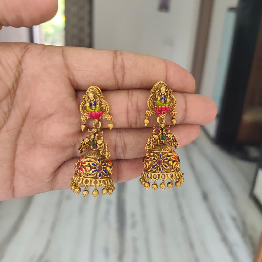 Joyful Jewel Art Matte Gold Plated Pota Stone And Pearl Temple Jhumki Earrings