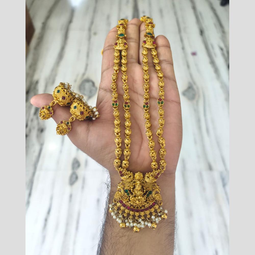 Joyful Jewel Art Traditional Matte Pota Stone And Pearl Temple Long Necklace Set