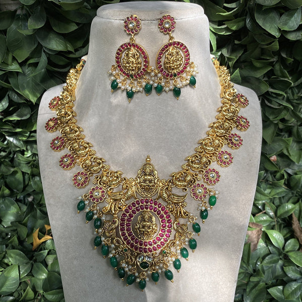 Amoliya Jewels Gold Plated Pota Stone Temple Necklace Set