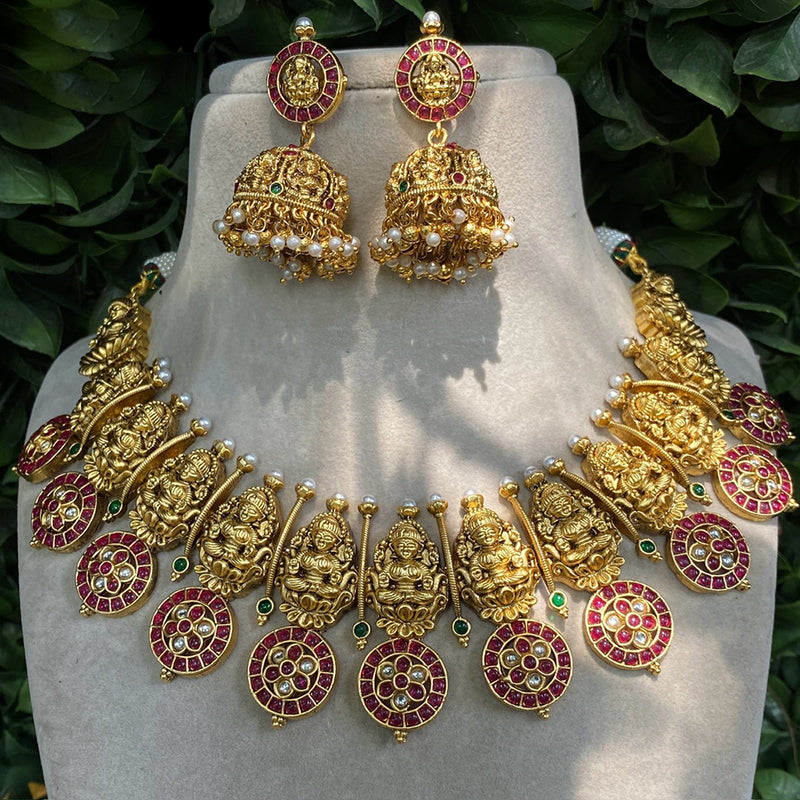 Amoliya Jewels Gold Plated Pota Stone Temple Necklace Set