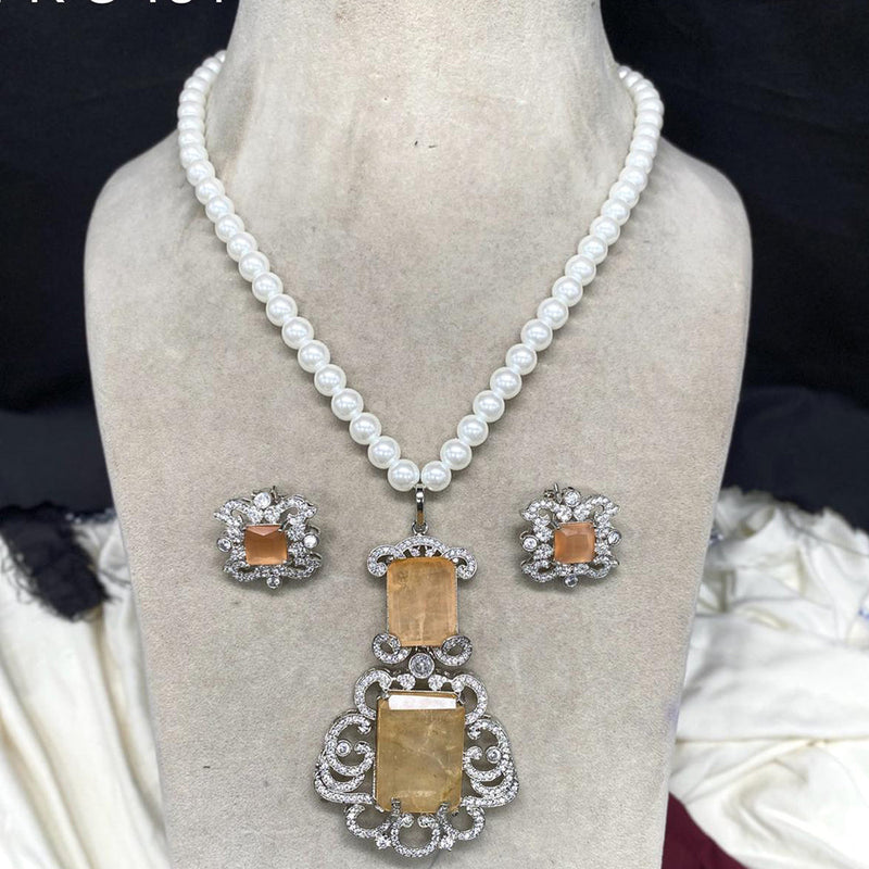 Amoliya Jewels Silver Plated AD And Pearls Necklace Set