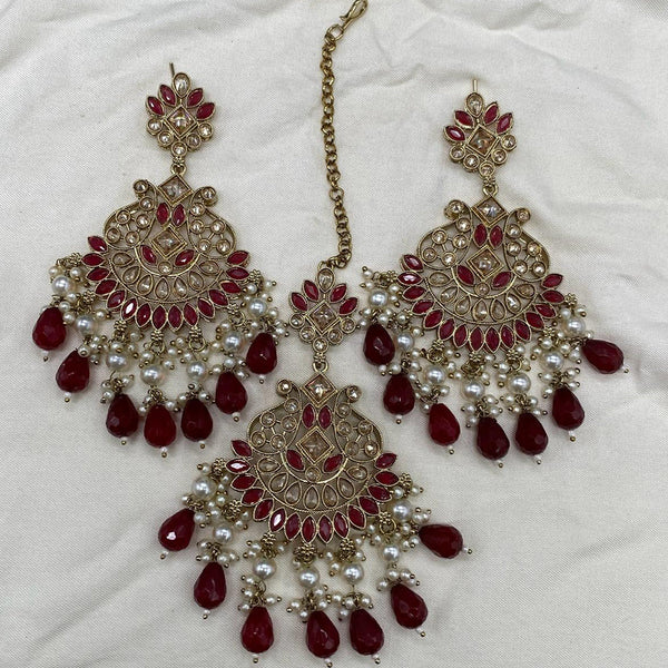 Amoliya Jewels Gold Plated Crystal Stone And Pearls Dangler Earrings With Maangtikka