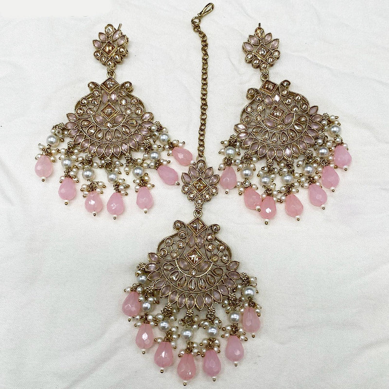 Amoliya Jewels Gold Plated Crystal Stone And Pearls Dangler Earrings With Maangtikka