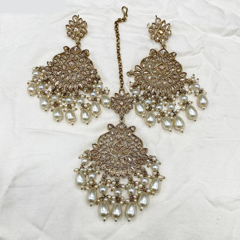 Amoliya Jewels Gold Plated Crystal Stone And Pearls Dangler Earrings With Maangtikka