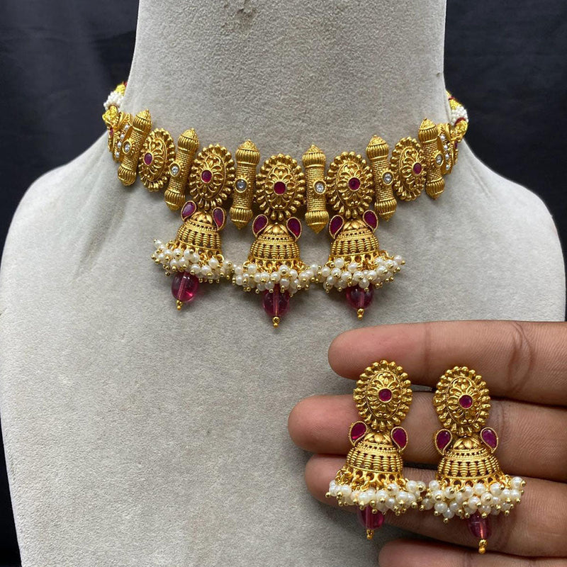 Amoliya Jewels Gold Plated Pota Stone And Pearls Choker Necklace Set