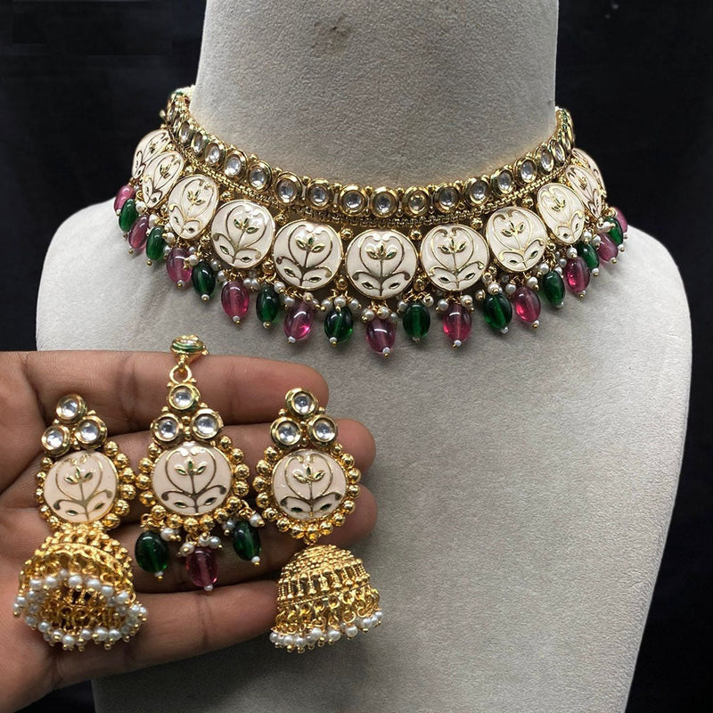 Amoliya Jewels Gold Plated Kundan Stone And Pearls Meenakari Choker Necklace Set