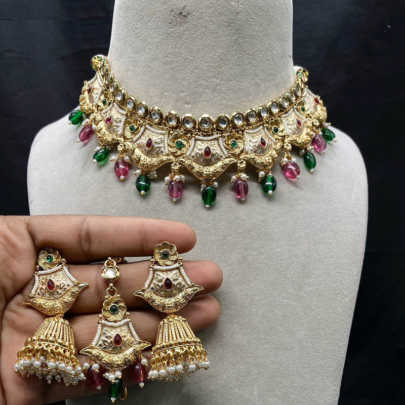 Amoliya Jewels Gold Plated Kundan Stone And Pearls Meenakari Choker Necklace Set