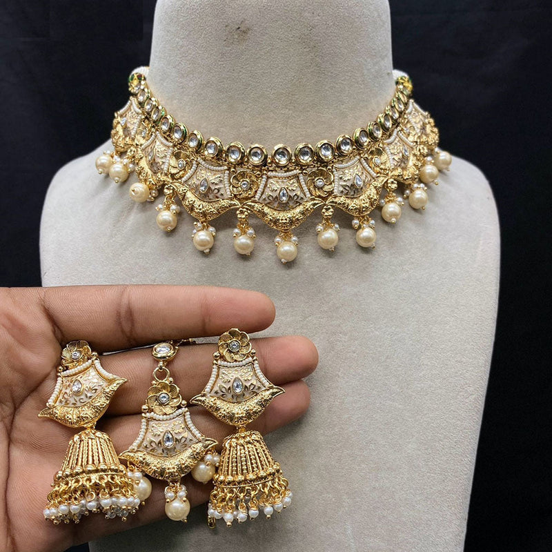 Amoliya Jewels Gold Plated Kundan Stone And Pearls Meenakari Choker Necklace Set