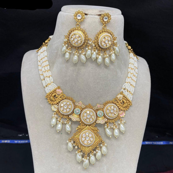 Amoliya Jewels Gold Plated Polki Kundan And Pearl Beads Necklace Set