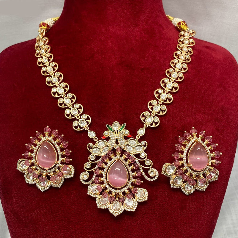 Amoliya Jewels Gold Plated Polki Kundan Stone Peakock Style Meenakari Necklace Set