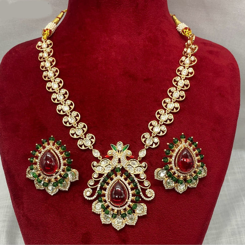 Amoliya Jewels Gold Plated Polki Kundan Stone Peakock Style Meenakari Necklace Set