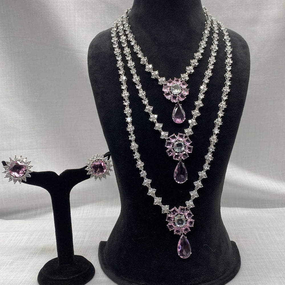 Amoliya Jewels Silver Plated American Diamond Multi Layer Long