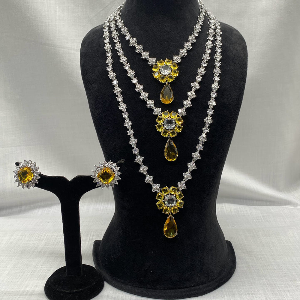 Amoliya Jewels Silver Plated American Diamond Multi Layer Long