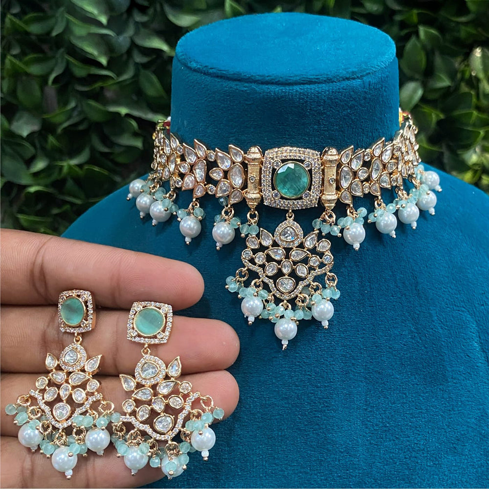 Amoliya Jewels Gold Plated Polki Kundan And Pearls Choker Necklace Set Mint Green