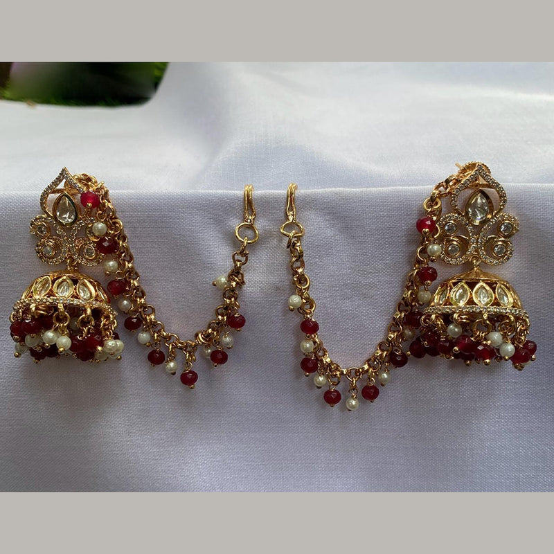 Amoliya Jewels Gold Plated Polki Kundan And Pearls Jhumki Earrings With Kanchain