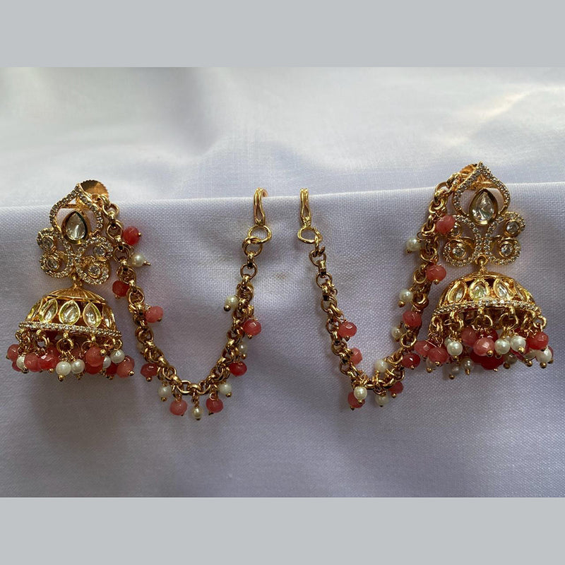 Amoliya Jewels Gold Plated Polki Kundan And Pearls Jhumki Earrings With Kanchain