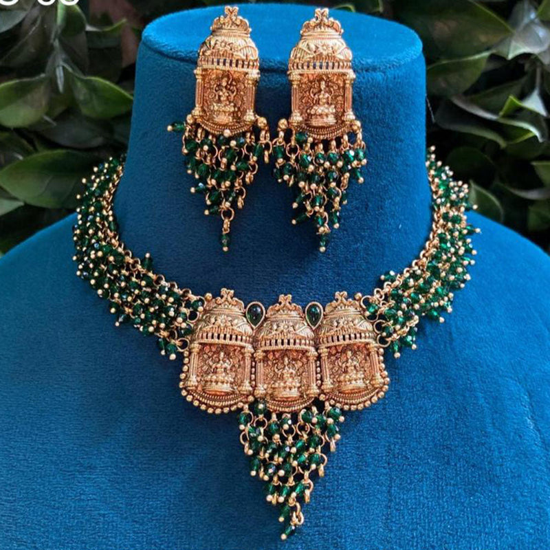 Amoliya Jewels Gold Plated Pota Stone And Pearls Temple Necklace Set