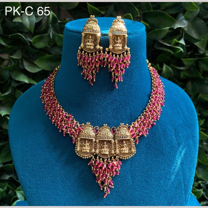 Amoliya Jewels Gold Plated Pota Stone And Pearls Temple Necklace Set