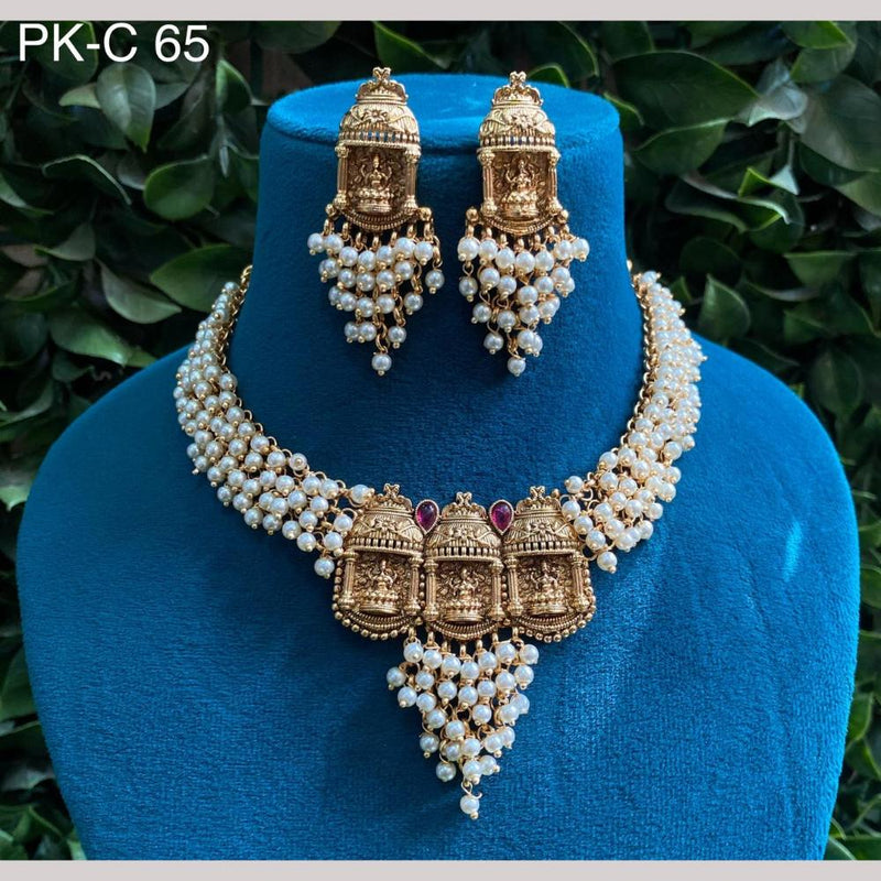 Amoliya Jewels Gold Plated Pota Stone And Pearls Temple Necklace Set