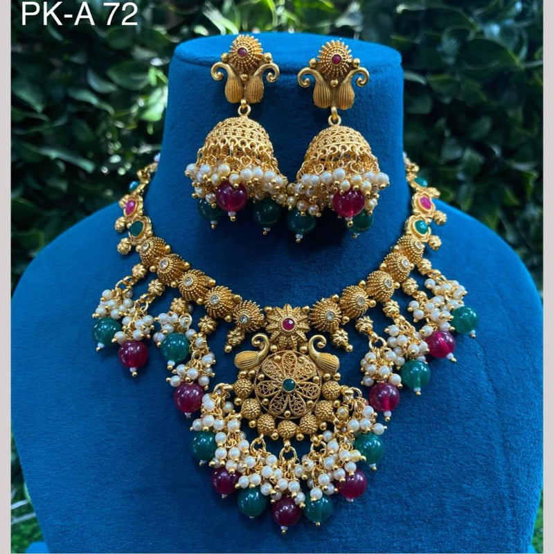 Amoliya Jewels Gold Plated Pota Stone And Pearls Necklace Set