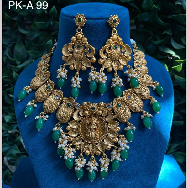 Amoliya Jewels Gold Plated Pota Stone And Pearls Temple Necklace Set