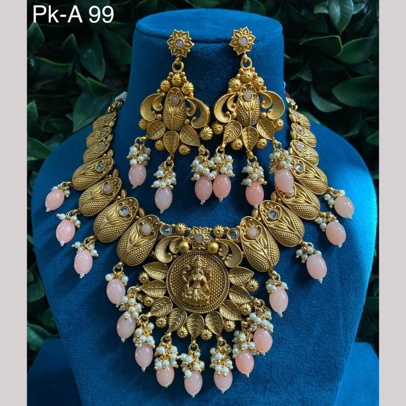 Amoliya Jewels Gold Plated Pota Stone And Pearls Temple Necklace Set