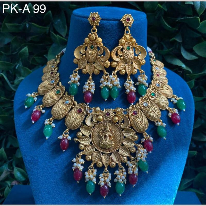 Amoliya Jewels Gold Plated Pota Stone And Pearls Temple Necklace Set