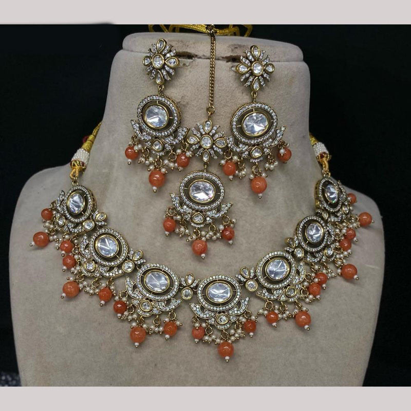 Amoliya Jewels Gold Plated Polki Kundan Stone And Beads Necklace Set