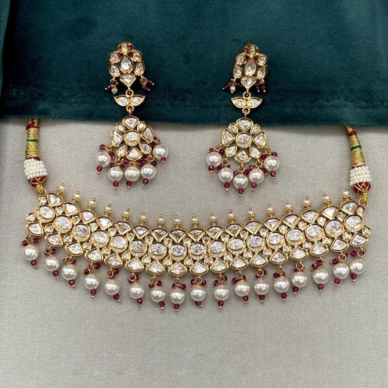 Amoliya Jewels Gold Plated Polki Kundan Stone And Pearls Choker Necklace Set