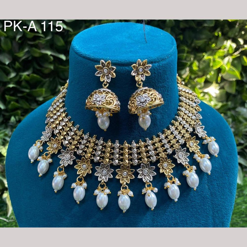 Amoliya Jewels 2 Tone Plated Pota Stone And Pearls Choker Necklace Set