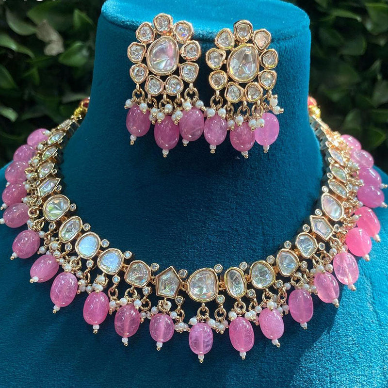 Amoliya Jewels Gold Plated Polki Kundan Stone And Beads Necklace Set