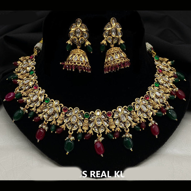 Amoliya Jewels Gold Plated Polki Kundan Stone And Beads Necklace Set