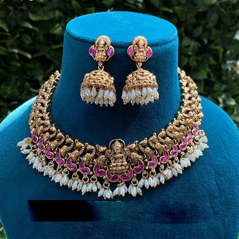 Amoliya Jewels Gold Plated Pota Stone Temple Necklace Set