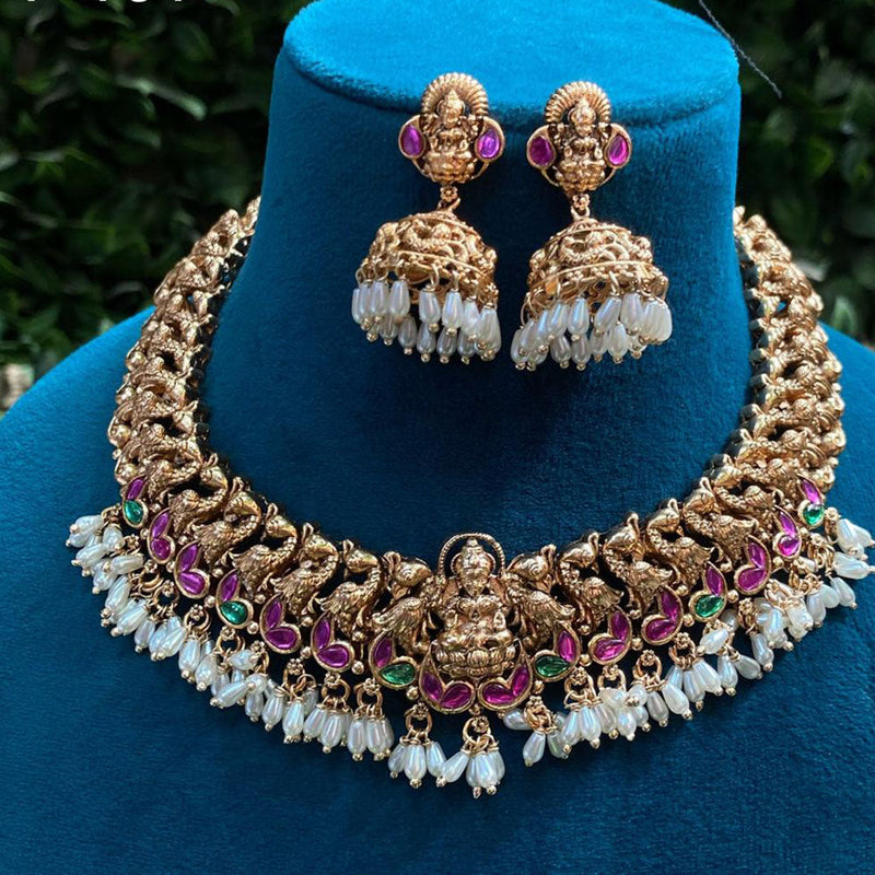 Amoliya Jewels Gold Plated Pota Stone Temple Necklace Set