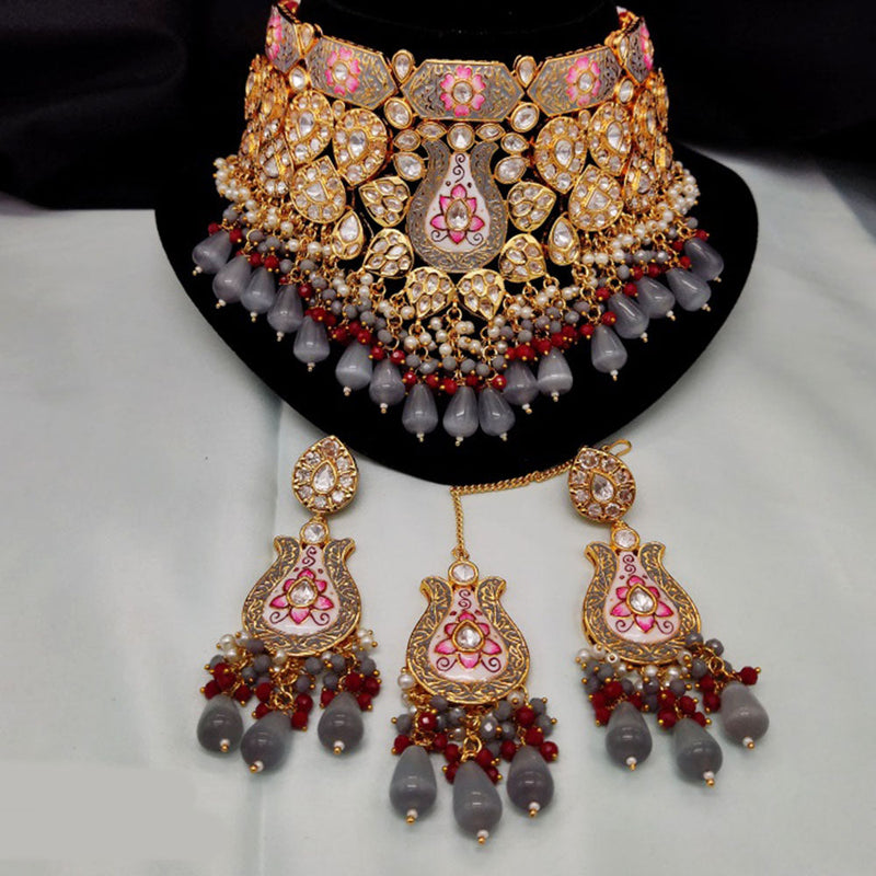 Amoliya Jewels Gold Plated Polki Kundan Stone And Beads Meenakari Choker Necklace Set