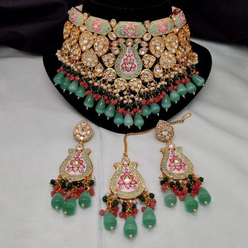 Amoliya Jewels Gold Plated Polki Kundan Stone And Beads Meenakari Choker Necklace Set