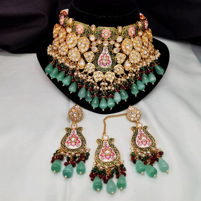 Amoliya Jewels Gold Plated Polki Kundan Stone And Beads Meenakari Choker Necklace Set