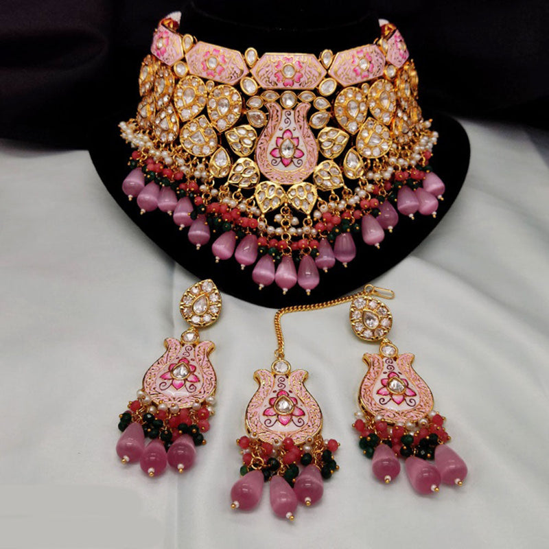 Amoliya Jewels Gold Plated Polki Kundan Stone And Beads Meenakari Choker Necklace Set