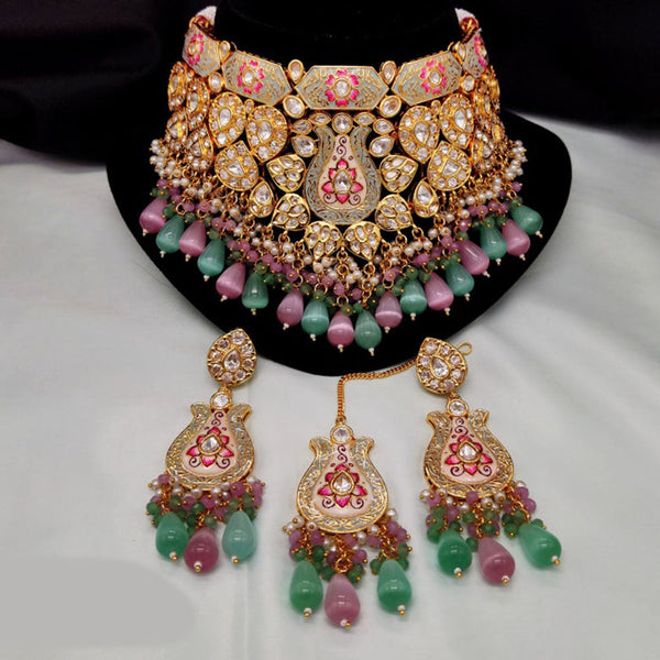 Amoliya Jewels Gold Plated Polki Kundan Stone And Beads Meenakari Choker Necklace Set