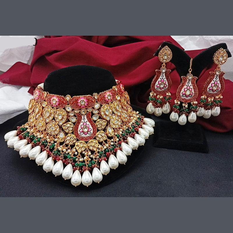 Amoliya Jewels Gold Plated Polki Kundan Stone And Beads Meenakari Choker Necklace Set