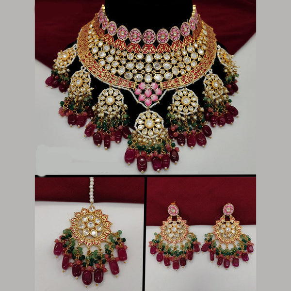 Amoliya Jewels Gold Plated Polki Kundan Stone And Beads Meenakari Choker Necklace Set